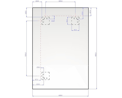 Teknisk ritning av en platta med måttangivelser