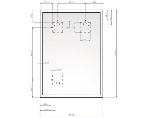 Teknisk ritning av en spegel med dimensioner