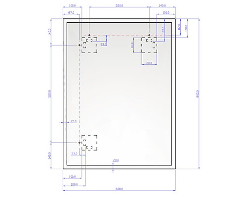 Teknisk ritning med mått på ett rektangulärt objekt, inklusive monteringspunkter