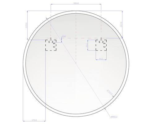 Teknisk ritning av en rund spegel med måttangivelser