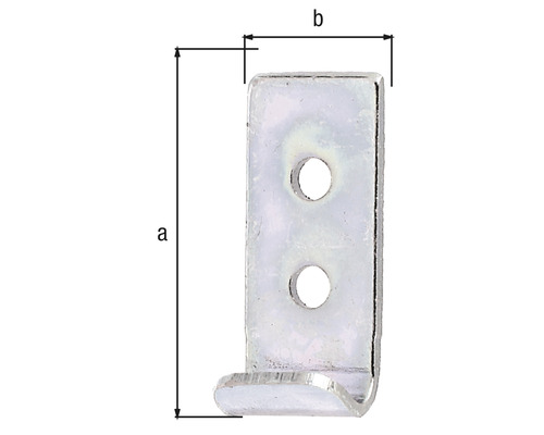 Metallkrok med två hål och måttangivelser
