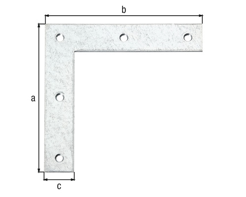 Vinkelbeslag med borrhål och måttangivelser a, b och c