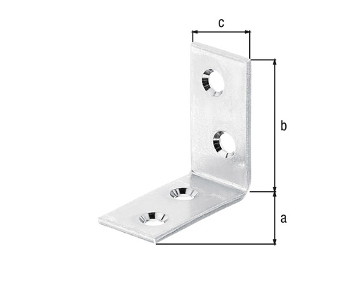 Vinkelbeslag av metall med borrhål och måttangivelser