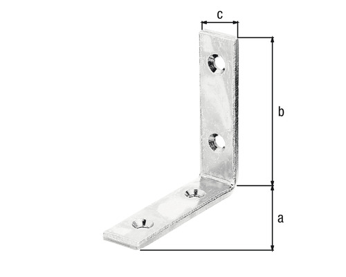 Vinkelbeslag med hål och måtten a, b, c