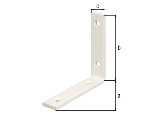 Vinkelbeslag av metall med borrhål och måtten a, b och c