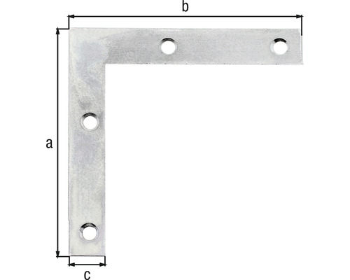 Vinkelbeslag av metall med borrhål och storleksangivelser