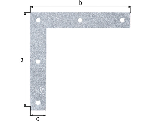 Vinkelbeslag med borrhål och måtten a, b och c