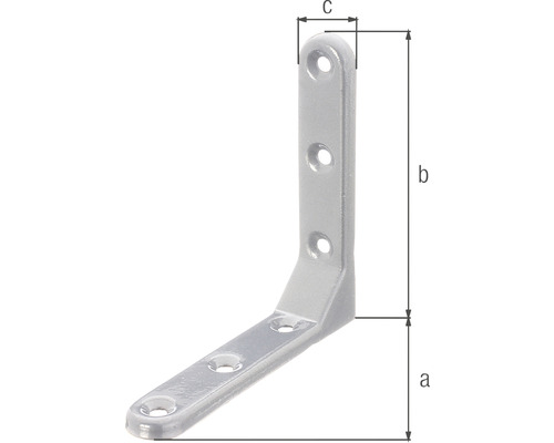 Vinkelbeslag med hål och måttangivelser a, b, c