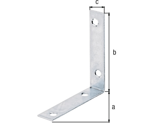 Vinkelbeslag med hål och storleksangivelser a, b och c.