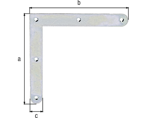 Vinkelbeslag av metall med hål för fastsättning, mått a, b och c