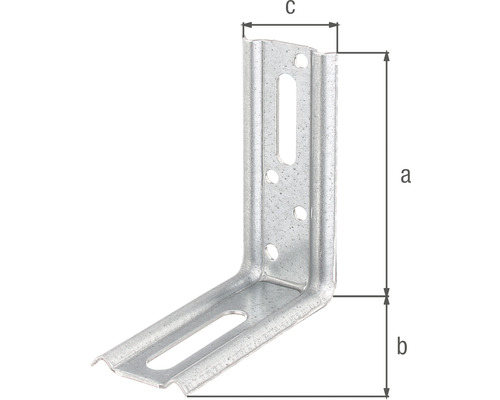 Vinkelbeslag av metall med fästhål och måttangivelser