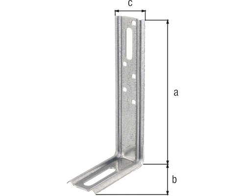 Vinkelbeslag med hålmönster och måttangivelser a, b, c