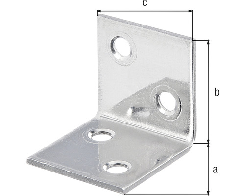 Vinkelbeslag med hål och måtten a, b och c.