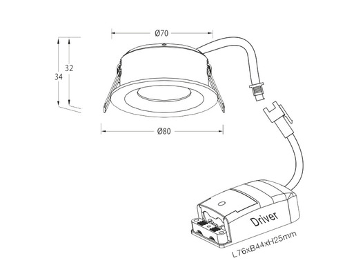 Teknisk ritning av en infälld lampa med måtten 70 till 80 millimeter i diameter och 32 till 34 millimeter i höjd, inklusive drivdon