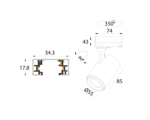 Teknisk ritning av en skenspotlight med mått