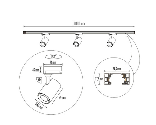 Teknisk ritning av en skensarmatur med tre spotlights och måttuppgifter