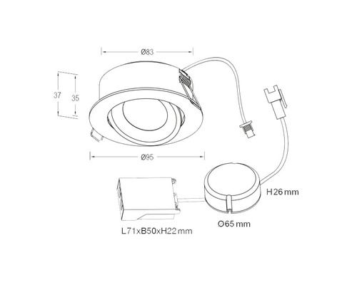 Teknisk ritning av en infälld taklampa med mått