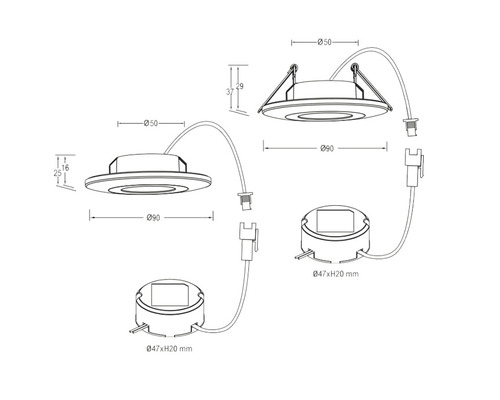 Teknisk ritning av infälld spotlight med måttangivelser