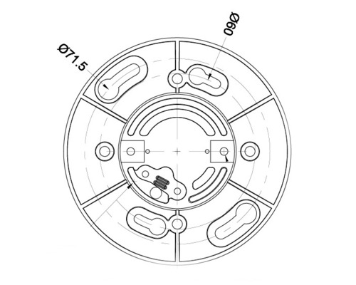 Teknisk ritning av ett runt takfäste med måtten 71,5 mm och 90 mm i diameter.
