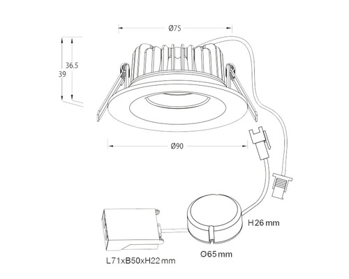 Teknisk ritning av en infälld spotlight med mått