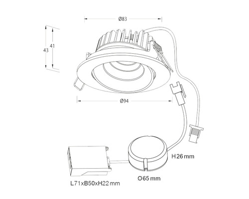Teknisk ritning av en infälld lampa med mått