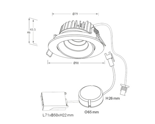 Teknisk ritning av en rund infälld spotlight med mått
