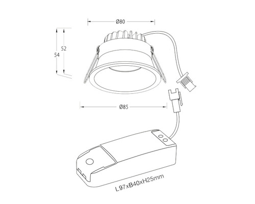 Teknisk ritning av en infälld spotlight med måttangivelser