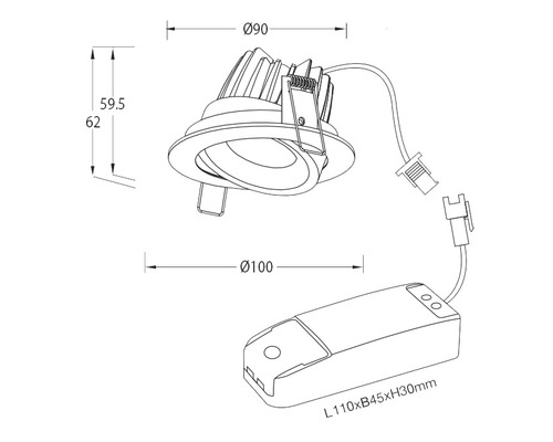 Teknisk ritning av en infälld takspotlight med måttangivelser