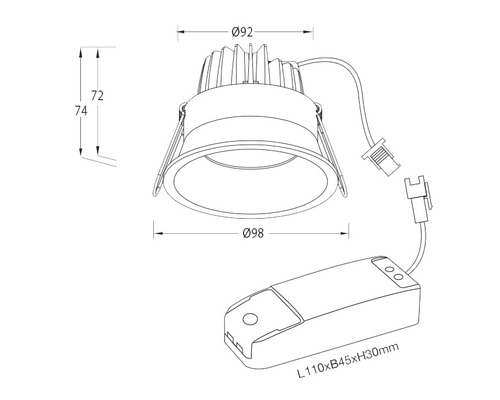 Teknisk ritning av en infälld spotlight med måtten 92 mm i diameter upptill, 98 mm i diameter nedtill, 72 mm och 74 mm i höjd samt en kopplingsdosa med måtten 110 mm längd, 45 mm bredd och 30 mm höjd.