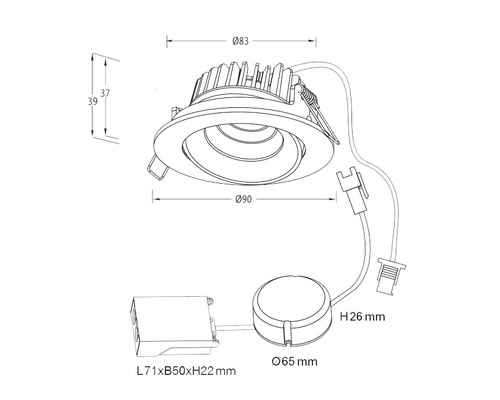 Teknisk ritning av en infälld lampa med måttangivelser