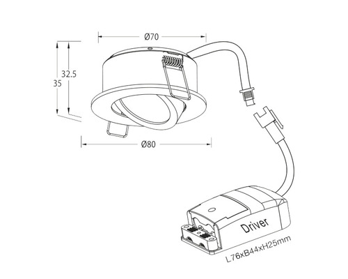 Teknisk ritning av en infälld armatur med måtten 70 och 80 millimeter i diameter och en drivbox med måtten 76 x 44 x 25 millimeter