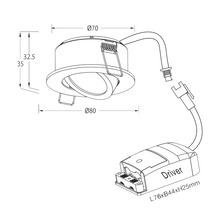 Teknisk ritning av en infälld takspotlight med måtten 70 till 80 millimeter och en driver med måtten 76 x 44 x 25 millimeter.