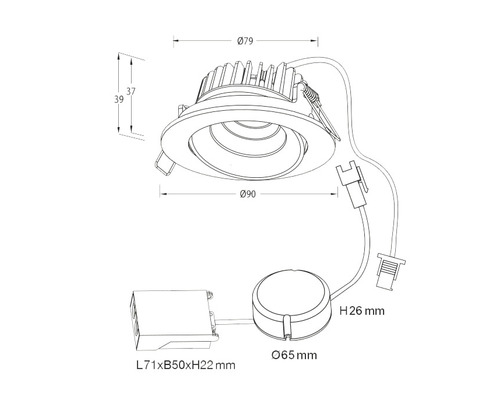 Teknisk ritning av en infälld takspotlight med mått