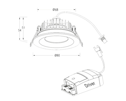 Teknisk ritning av en infälld spotlight med måtten diameter 68 millimeter och 80 millimeter samt 51 millimeter och 54 millimeter höjd.