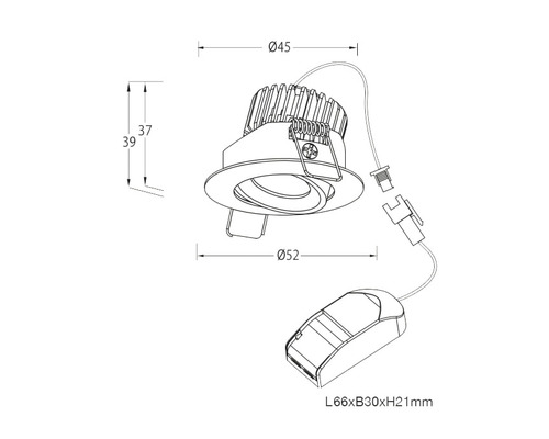 Teknisk ritning av en infälld armatur med måtten: diameter 45 millimeter och 52 millimeter, höjd 37 millimeter och 39 millimeter, drivrutinslängd 66 millimeter, bredd 30 millimeter och höjd 21 millimeter.