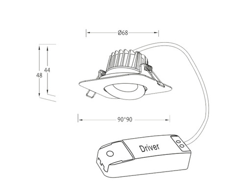 Teknisk ritning av en LED-spotlight med mått