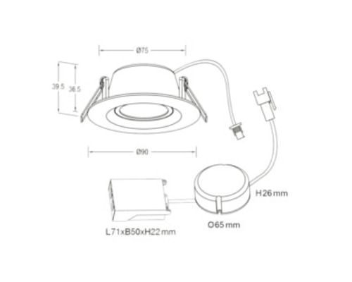 Teknisk ritning av en infälld spotlight med mått