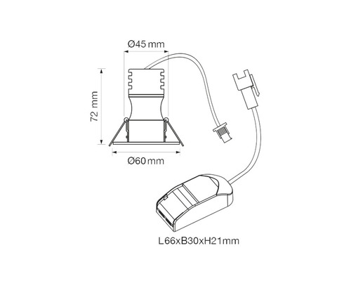 Teknisk ritning av en infälld armatur med måttangivelser