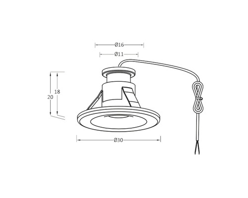 Teknisk ritning av en infälld lampa med mått