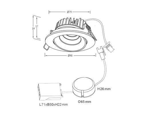 Teknisk ritning av en infälld spotlight med måttangivelser