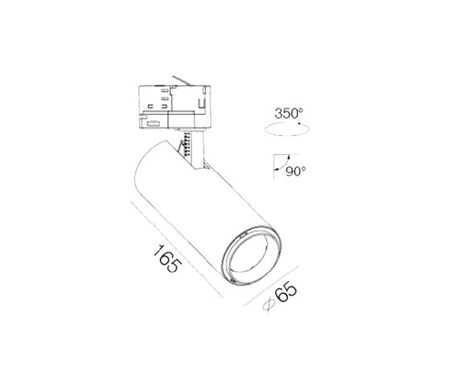 Teknisk ritning av en strålkastare med dimensioner och rotationsvinkelinformation