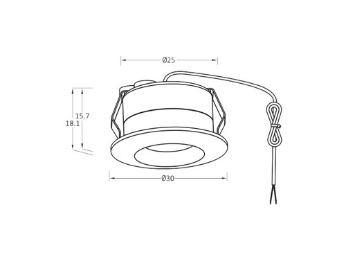 Teknisk ritning av en infälld armatur med måtten 30 millimeter i diameter och 18,1 millimeter i höjd