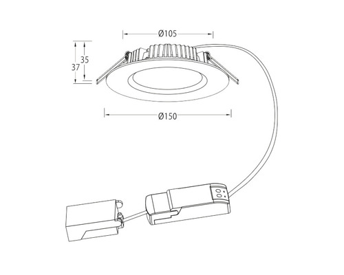 Teknisk ritning av en infälld armatur med måttangivelser