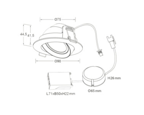Teknisk ritning av en infälld lampa med måttangivelser