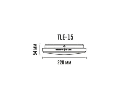 Teknisk ritning av en TLE-15-lampa med måtten 54 mm höjd och 220 mm längd