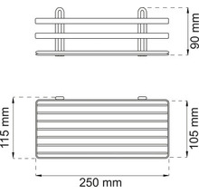 Teknisk ritning av en handdukshängare med måtten 250 mm bred, 105 mm djup och 90 mm hög.