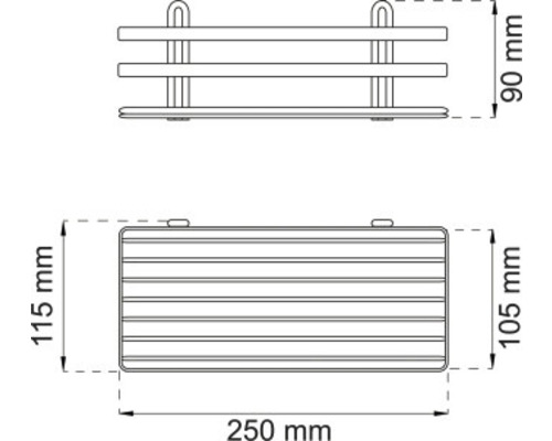 Teknisk ritning av en handdukshängare med måtten 250 mm bred, 105 mm djup och 90 mm hög.
