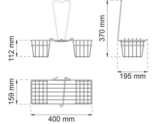 Teknisk ritning av en hängande korg med måtten 400 x 159 x 370 mm