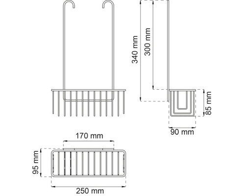 Teknisk ritning av en duschkorg med krokar och dimensioner
