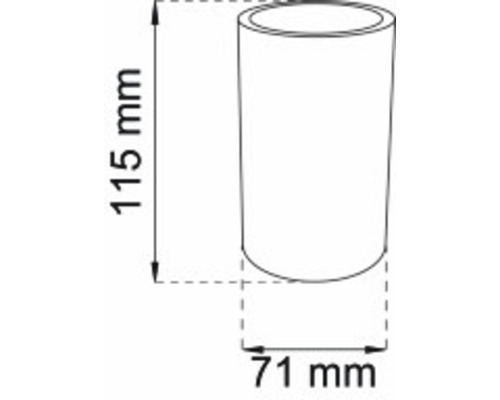 Teknisk ritning av en cylindrisk behållare med en höjd på 115 millimeter och en diameter på 71 millimeter